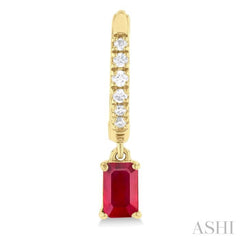 5x3 MM Emerald Cut Drop Ruby and 1/8 ctw Petite Round Cut Diamond Precious Fashion Huggies in 10K Yellow Gold