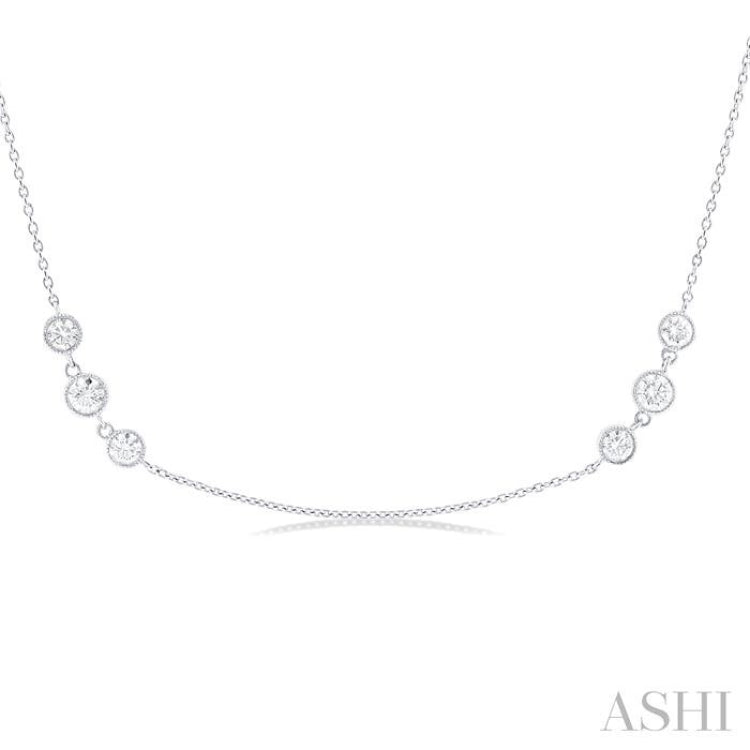 1 1/2 Ctw Three Stone Bezel Set Round Cut Diamond Station Necklace in 14K White Gold