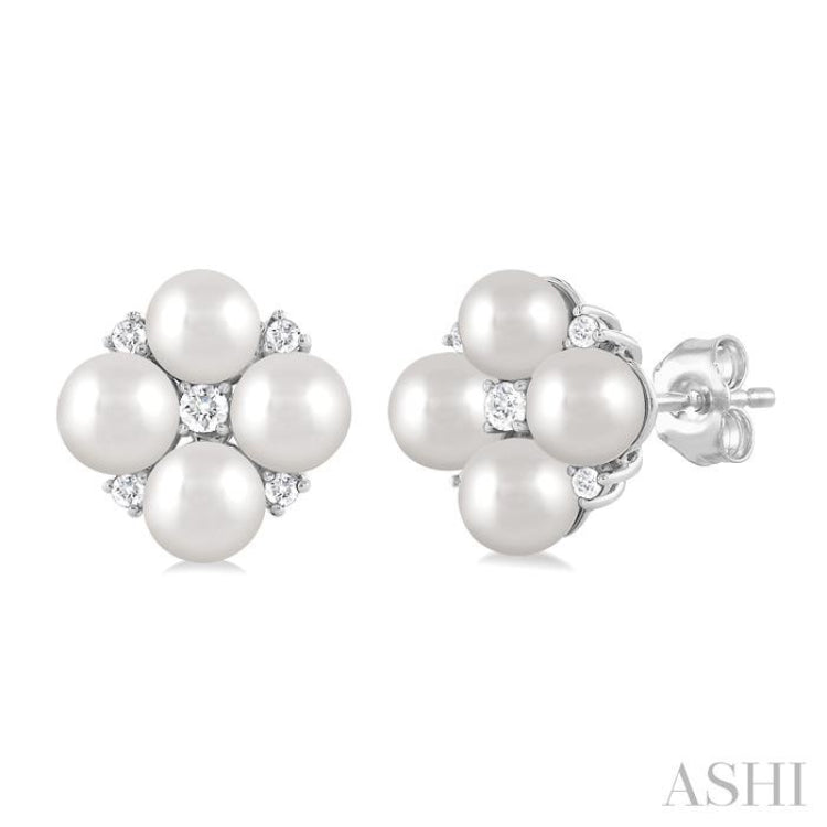 4 MM Round Shape Floral Cultured Pearls and 1/10 ctw Round Cut Diamond Fashion Stud Earring in 10K White Gold