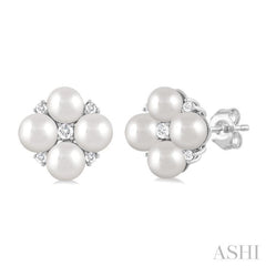 4 MM Round Shape Floral Cultured Pearls and 1/10 ctw Round Cut Diamond Fashion Stud Earring in 10K White Gold