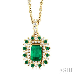 6X4 MM Emerald Cut & 1.55 MM Round Cut Emerald and 1/5 ctw Round Cut Diamond Floral Precious Pendant With Chain in 14K Yellow Gold