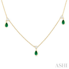 5x3 MM Pear Shape Emerald and 1/4 ctw Round Cut Diamonds Precious Station Necklace in 14K Yellow Gold