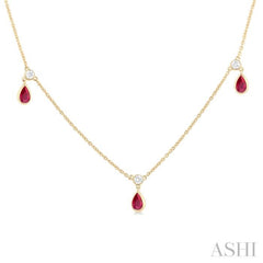 5x3 MM Pear Shape Ruby and 1/4 ctw Round Cut Diamonds Precious Station Necklace in 14K Yellow Gold
