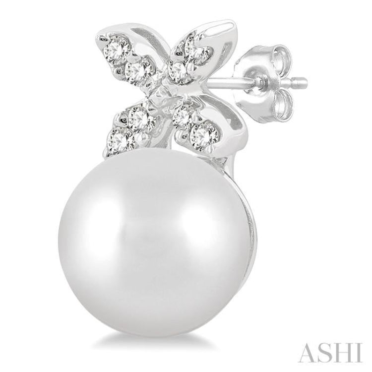 5.5 MM Round Shape Cultured Pearls and 1/20 ctw Petite 4-Petal Flower Round Cut Diamond Fashion Stud Earring in 10K White Gold