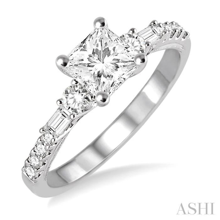 3/8 ctw Round and Baguette Cut Diamond Princess Shape Semi-mount Engagement Ring in 14K White Gold
