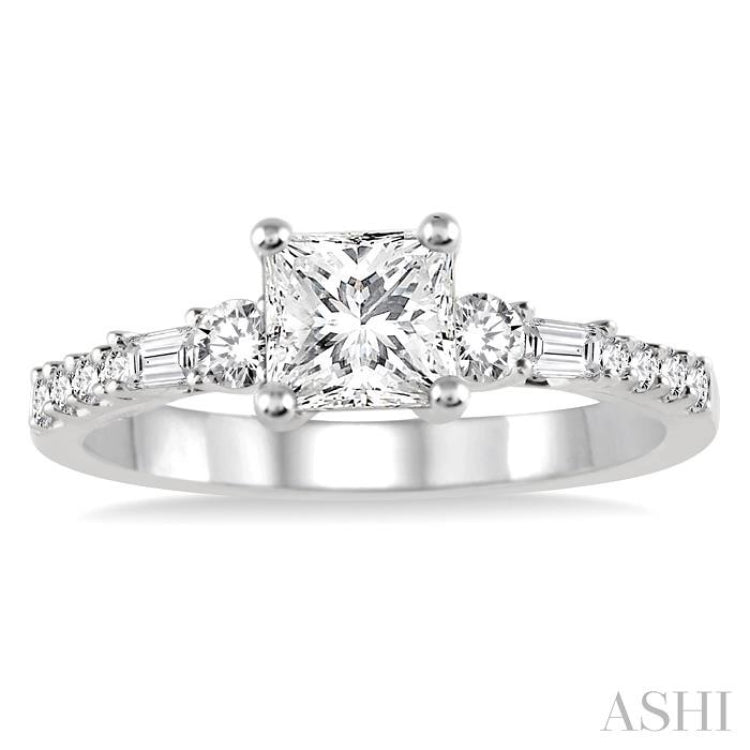 3/8 ctw Round and Baguette Cut Diamond Princess Shape Semi-mount Engagement Ring in 14K White Gold