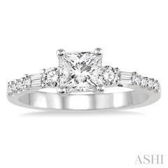 3/8 ctw Round and Baguette Cut Diamond Princess Shape Semi-mount Engagement Ring in 14K White Gold
