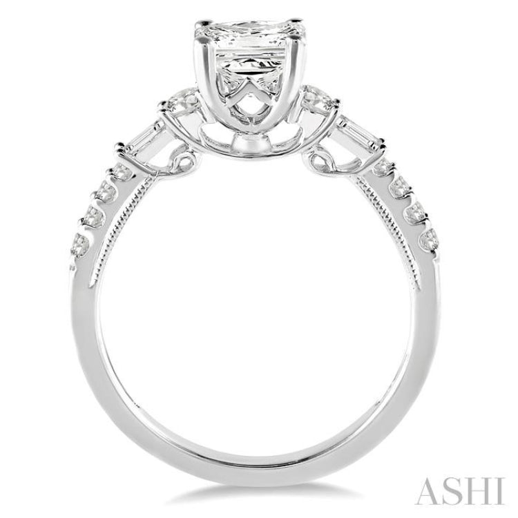 3/8 ctw Round and Baguette Cut Diamond Princess Shape Semi-mount Engagement Ring in 14K White Gold
