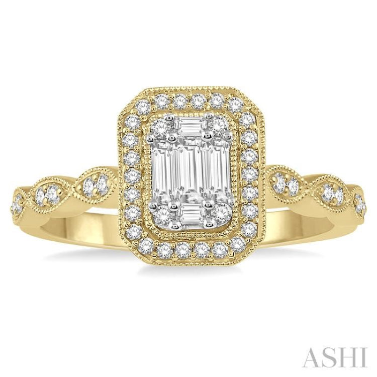3/8 ctw Emerald Shape Round Cut and Baguette Diamond Fusion Engagement Ring in 14K Yellow and White Gold