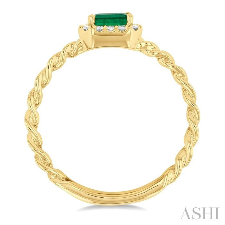 5x3 MM Oval Cut Emerald and 1/10 ctw Curb & Cuban Link East-West Round Cut Diamond Halo Precious Ring in 10K Yellow Gold