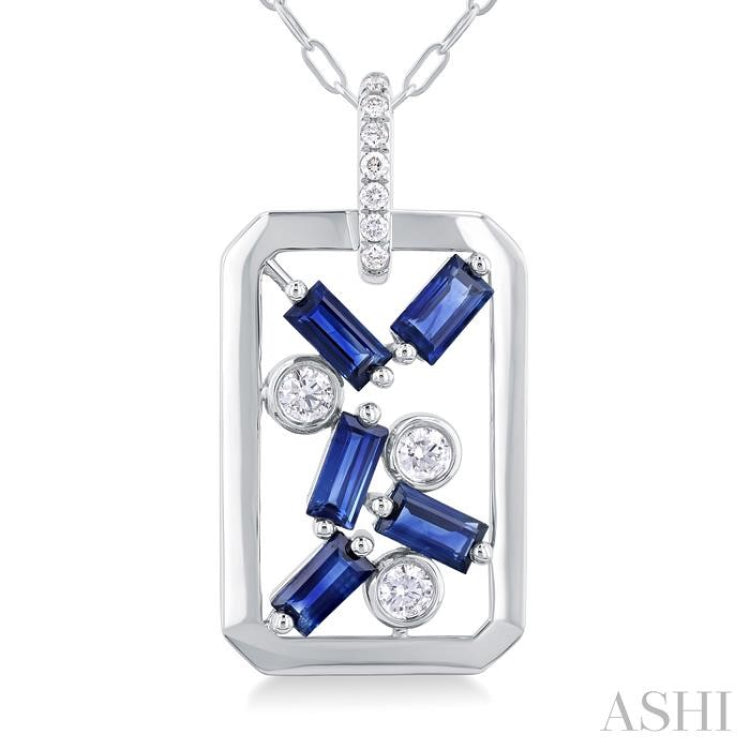 4x2 MM Scatter Baguette Cut Sapphire and 1/6 ctw Round Cut Diamond Precious Fashion Pendant With Chain in 14K White Gold
