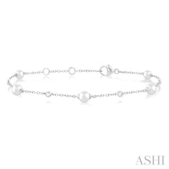 4 MM Round Shape Cultured Pearl and 1/20 ctw Round Cut Diamond Fashion Station Bracelet in 14K White Gold