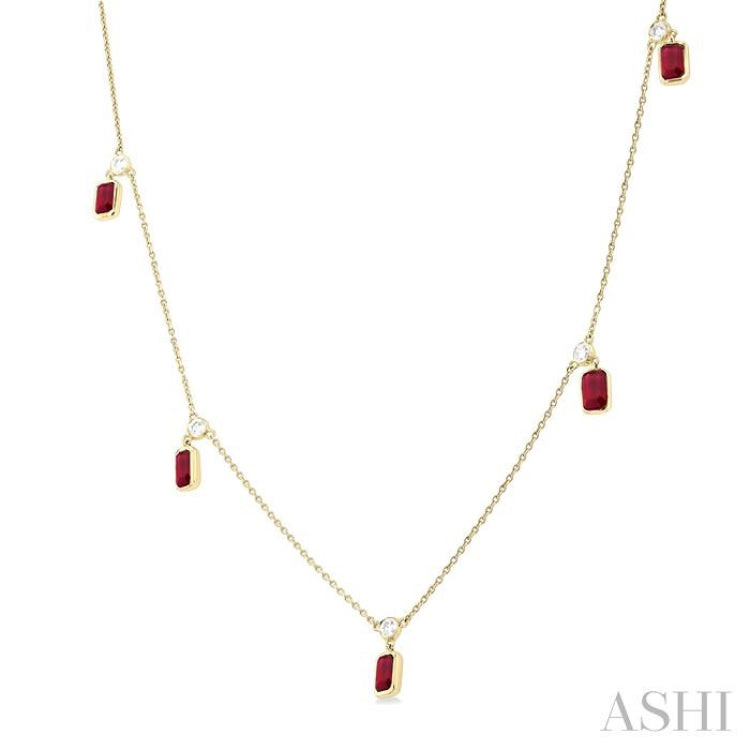 5x3 MM Octagonal Shape Ruby and 1/4 ctw Round Cut Diamonds Precious Station Necklace in 14K Yellow Gold