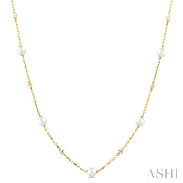 4 MM Round Shape Cultured Pearl and 1/6 ctw Round Cut Diamond Station Necklace in 14K Yellow Gold