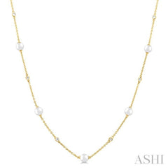 4 MM Round Shape Cultured Pearl and 1/6 ctw Round Cut Diamond Station Necklace in 14K Yellow Gold