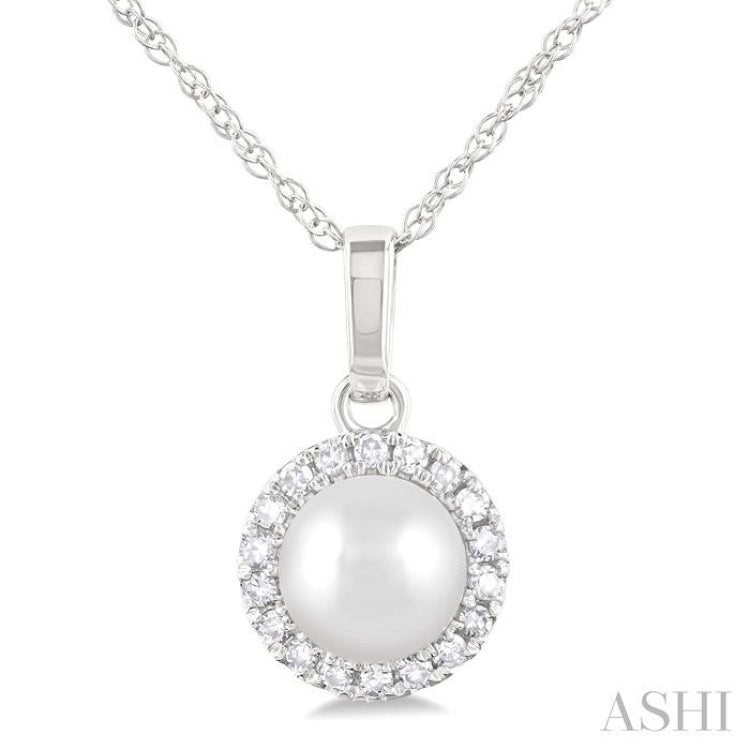 5 MM Cultured White Pearl and 1/20 ctw Single Cut Diamond Halo Pendant With Chain in 10K White Gold
