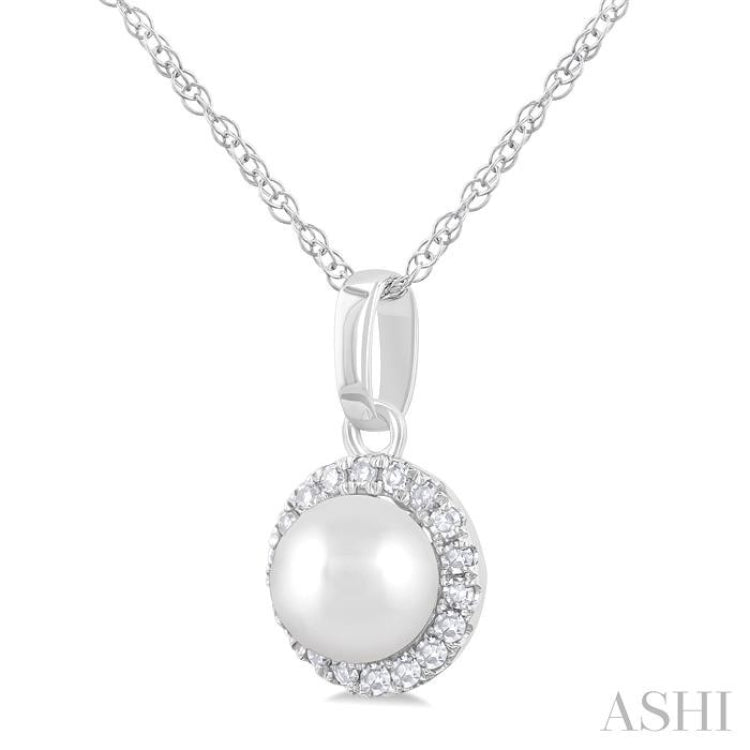 5 MM Cultured White Pearl and 1/20 ctw Single Cut Diamond Halo Pendant With Chain in 10K White Gold