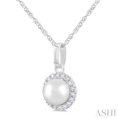 5 MM Cultured White Pearl and 1/20 ctw Single Cut Diamond Halo Pendant With Chain in 10K White Gold