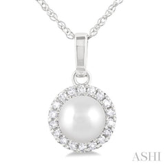 5 MM Cultured White Pearl and 1/20 ctw Single Cut Diamond Halo Pendant With Chain in 10K White Gold