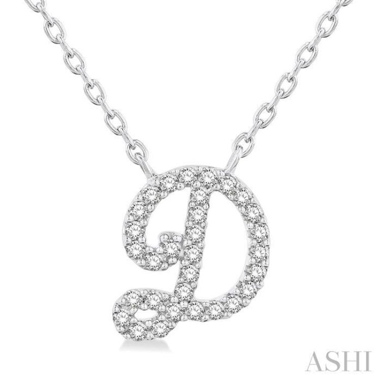 1/10 ctw Initial 'D' Calligraphy Round Cut Diamond Fashion Pendant With Chain in 10K White Gold