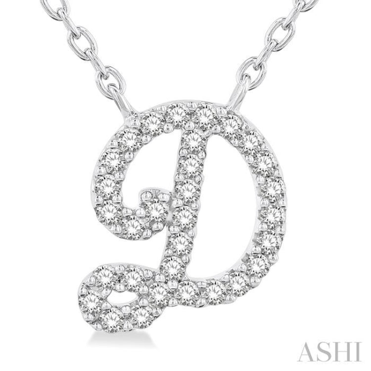 1/10 ctw Initial 'D' Calligraphy Round Cut Diamond Fashion Pendant With Chain in 10K White Gold