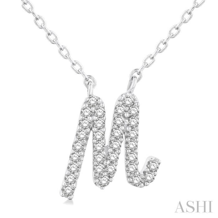 1/10 ctw Initial 'M' Calligraphy Round Cut Diamond Fashion Pendant With Chain in 10K White Gold
