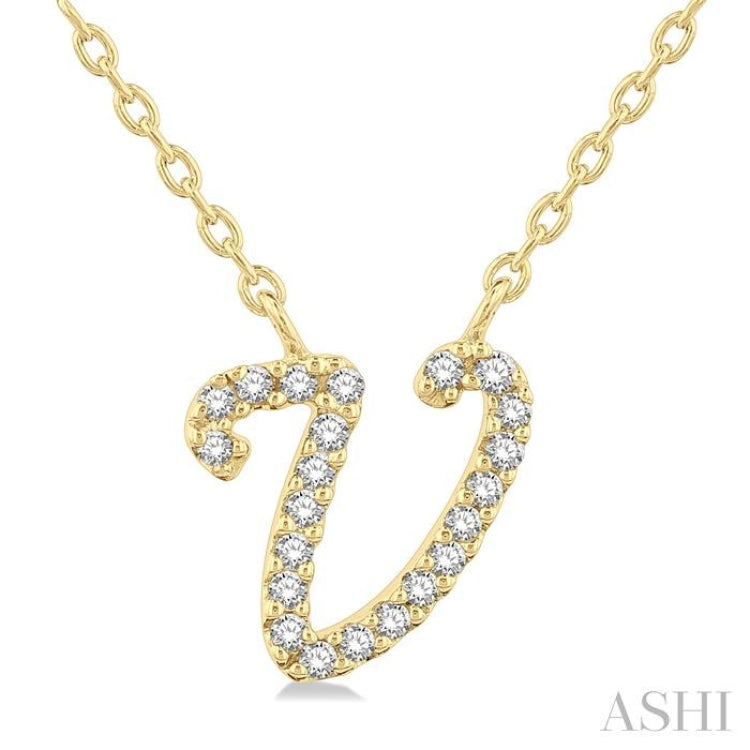 1/20 ctw Initial 'V' Round cut Diamond Pendant With Chain in 10K Yellow Gold