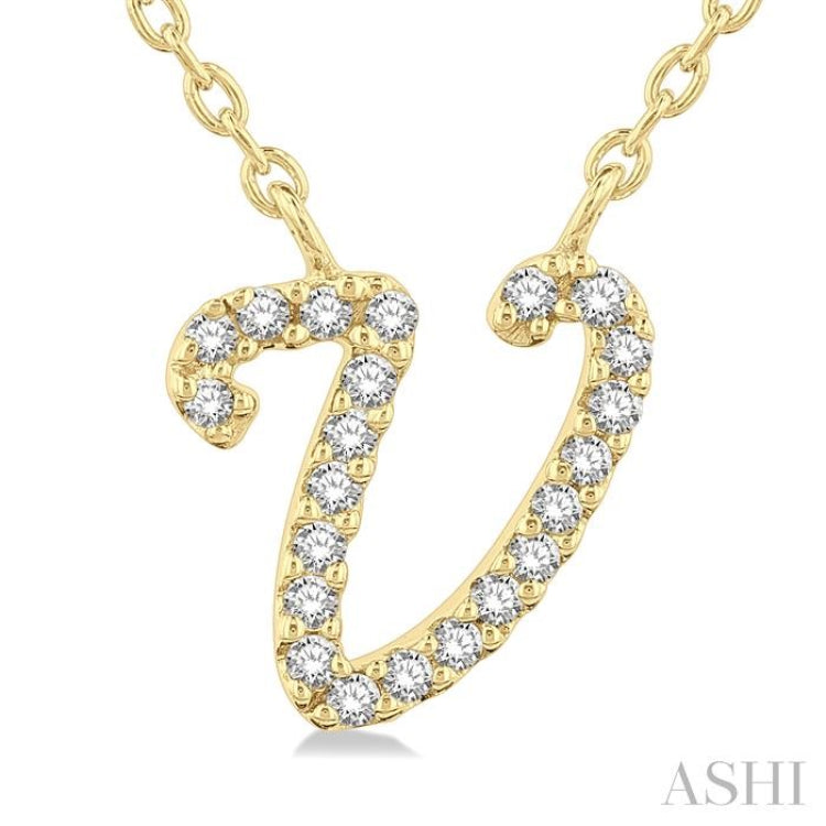 1/20 ctw Initial 'V' Round cut Diamond Pendant With Chain in 10K Yellow Gold