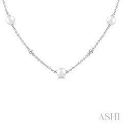 3 MM Round Shape Cultured Pearl and 1/8 ctw Round Cut Diamond Station Necklace in 14K White Gold
