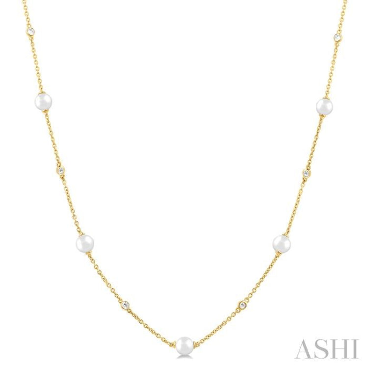 3 MM Round Shape Cultured Pearl and 1/8 ctw Round Cut Diamond Station Necklace in 14K Yellow Gold