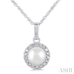 5 MM Cultured White Pearl and 1/20 ctw Single Cut Diamond Halo Pendant With Chain in 14K White Gold