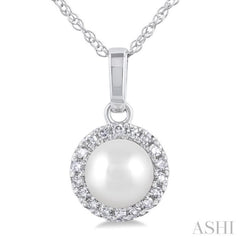5 MM Cultured White Pearl and 1/20 ctw Single Cut Diamond Halo Pendant With Chain in 14K White Gold