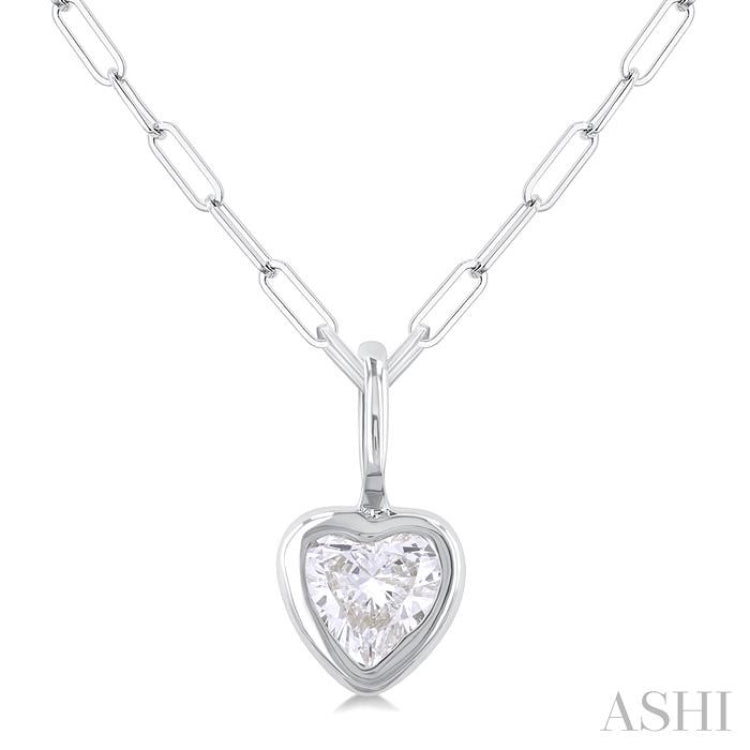 1/5 ctw Heart Shape Bezel Set Diamond Fashion Pendant With Paperclip Chain in 14K White Gold