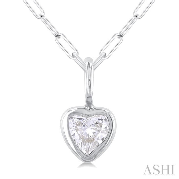 1/5 ctw Heart Shape Bezel Set Diamond Fashion Pendant With Paperclip Chain in 14K White Gold