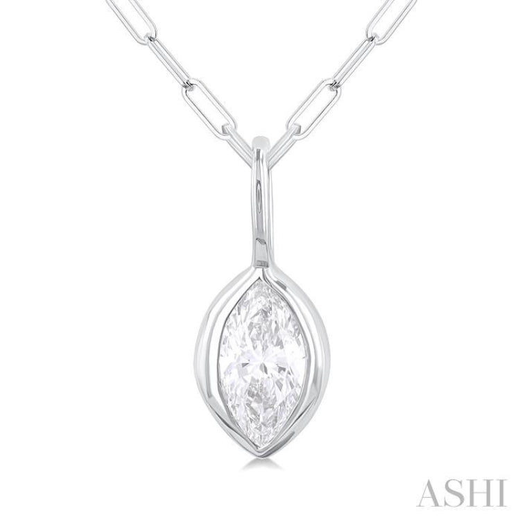 1/5 ctw Marquise Cut Bezel Set Diamond Fashion Pendant With Paperclip Chain in 14K White Gold