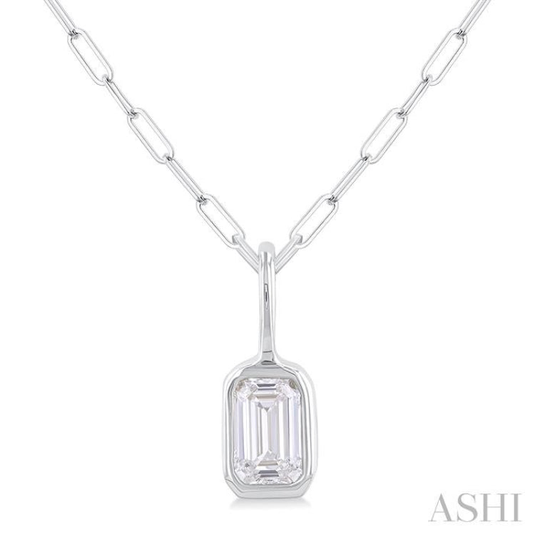 1/5 ctw Emerald Cut Bezel Set Diamond Fashion Pendant With Paperclip Chain in 14K White Gold