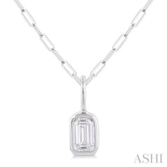 1/5 ctw Emerald Cut Bezel Set Diamond Fashion Pendant With Paperclip Chain in 14K White Gold
