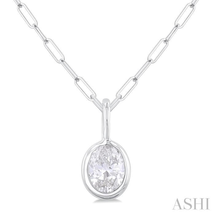 1/5 ctw Oval Cut Bezel Set Diamond Fashion Pendant With Paperclip Chain in 14K White Gold