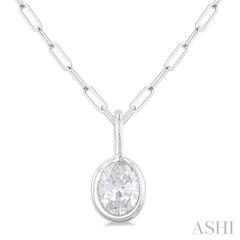 1/5 ctw Oval Cut Bezel Set Diamond Fashion Pendant With Paperclip Chain in 14K White Gold