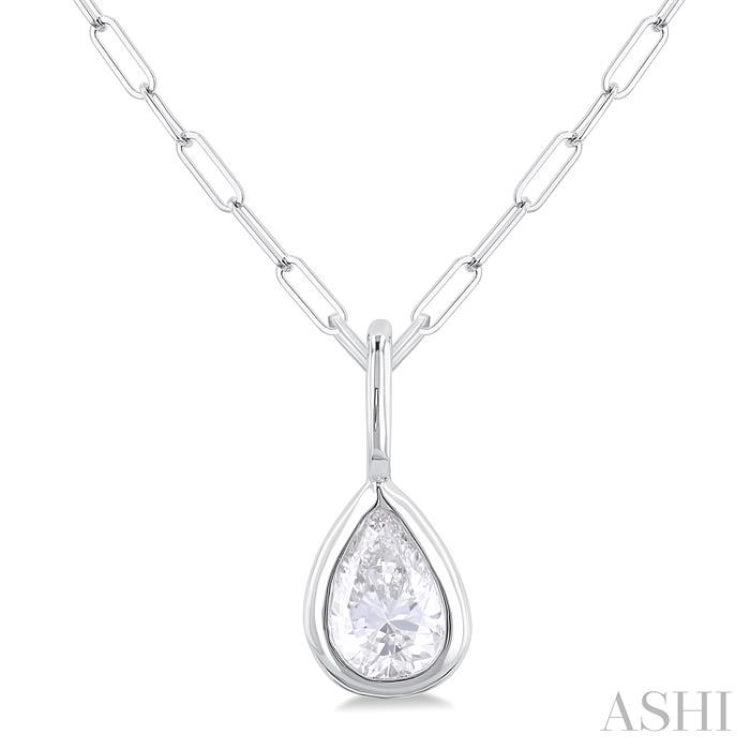 1/5 ctw Pear Cut Bezel Set Diamond Fashion Pendant With Paperclip Chain in 14K White Gold