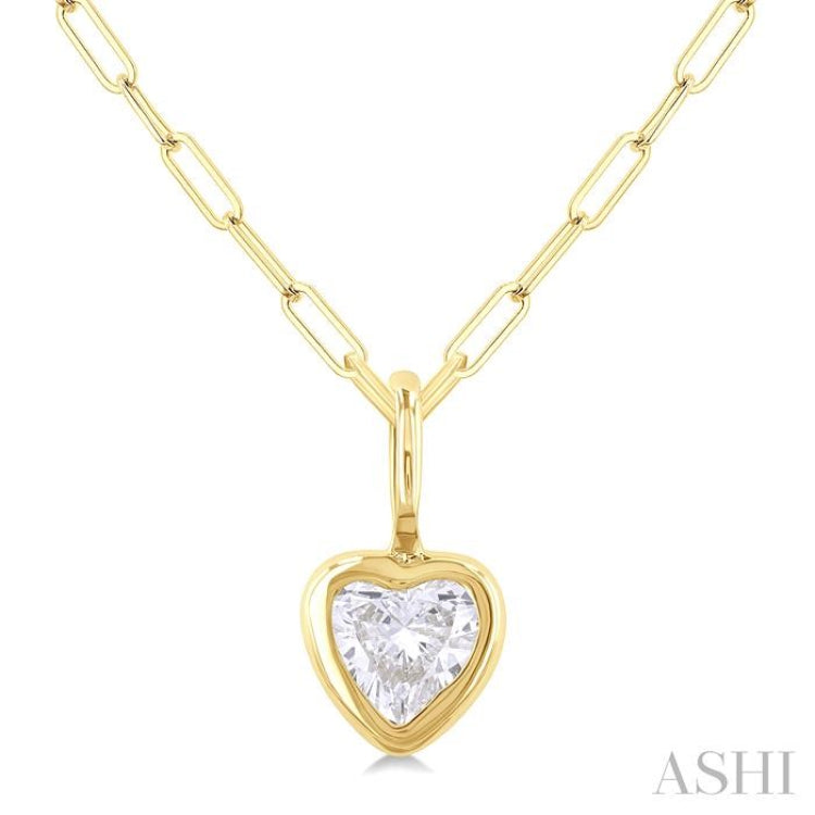1/5 ctw Heart Shape Bezel Set Diamond Fashion Pendant With Paperclip Chain in 14K Yellow Gold