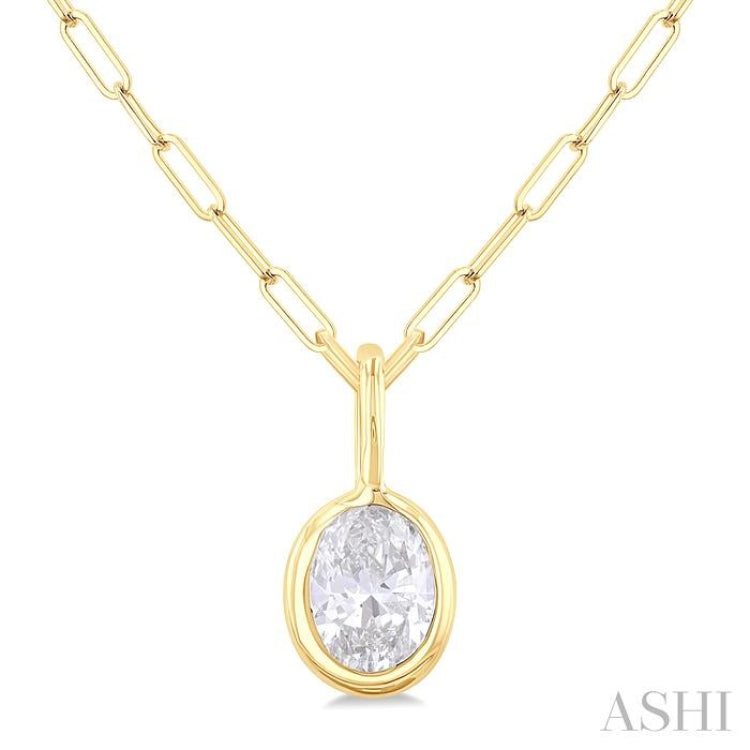 1/5 ctw Oval Cut Bezel Set Diamond Fashion Pendant With Paperclip Chain in 14K Yellow Gold