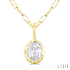 1/5 ctw Oval Cut Bezel Set Diamond Fashion Pendant With Paperclip Chain in 14K Yellow Gold