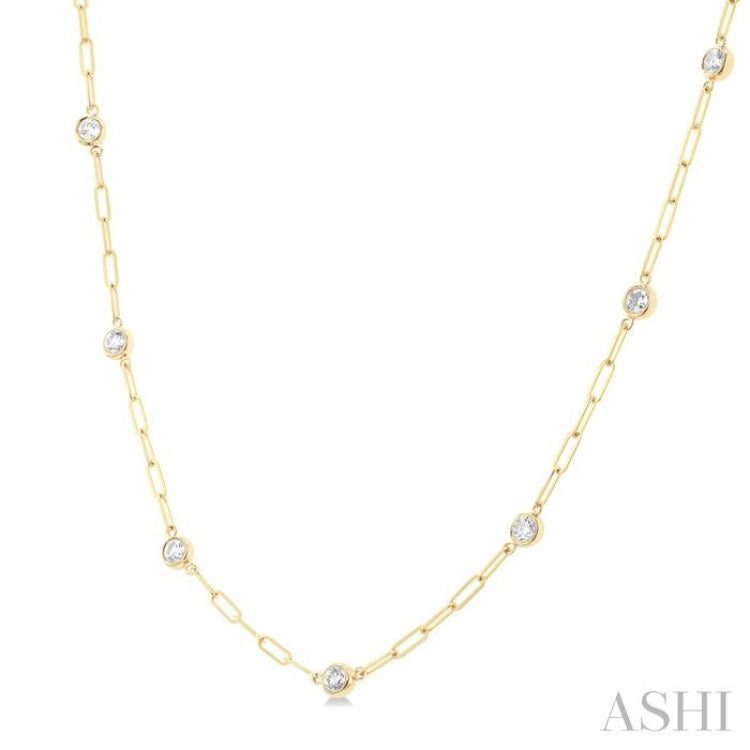 3/4 ctw Bezel Set Round Cut Diamond Paperclip Station Necklace in 14K Yellow Gold