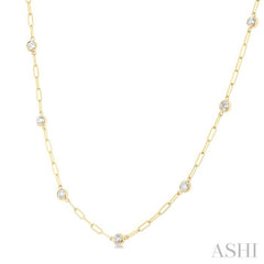 3/4 ctw Bezel Set Round Cut Diamond Paperclip Station Necklace in 14K Yellow Gold
