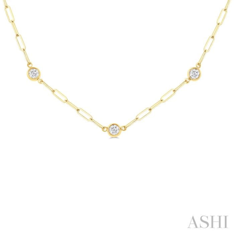 3/4 ctw Bezel Set Round Cut Diamond Paperclip Station Necklace in 14K Yellow Gold