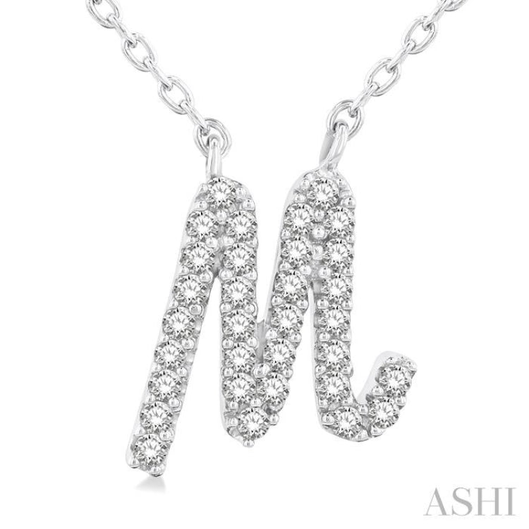 1/10 ctw Initial 'M' Calligraphy Round Cut Diamond Fashion Pendant With Chain in 14K White Gold