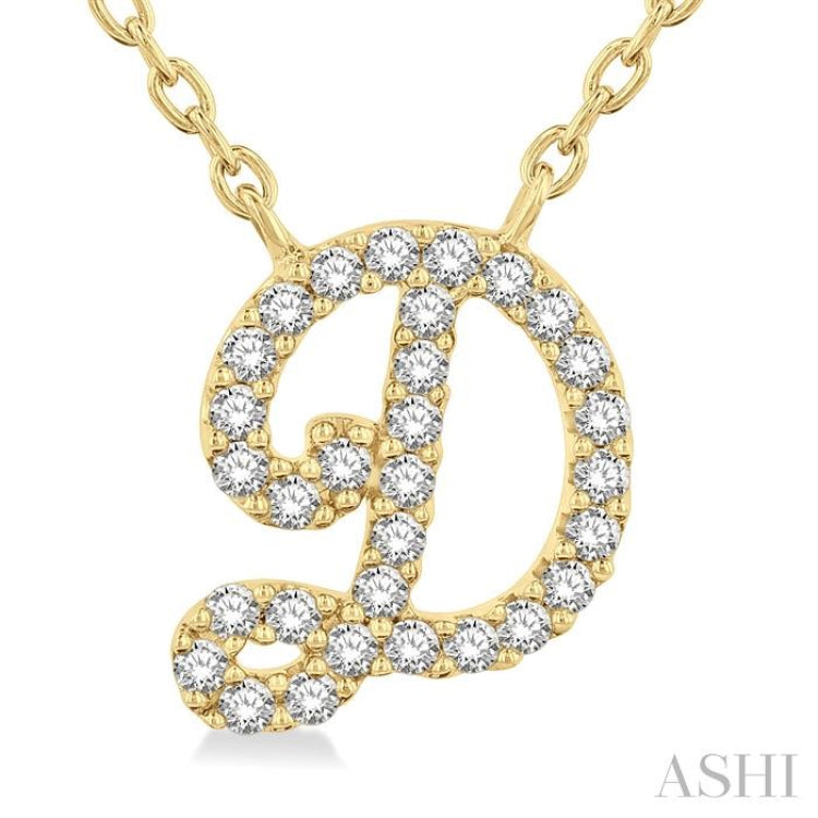 1/10 ctw Initial 'D' Calligraphy Round Cut Diamond Fashion Pendant With Chain in 14K Yellow Gold