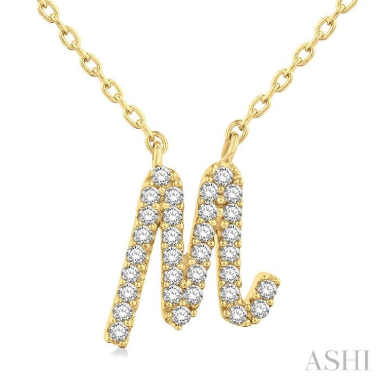 1/10 ctw Initial 'M' Calligraphy Round Cut Diamond Fashion Pendant With Chain in 14K Yellow Gold