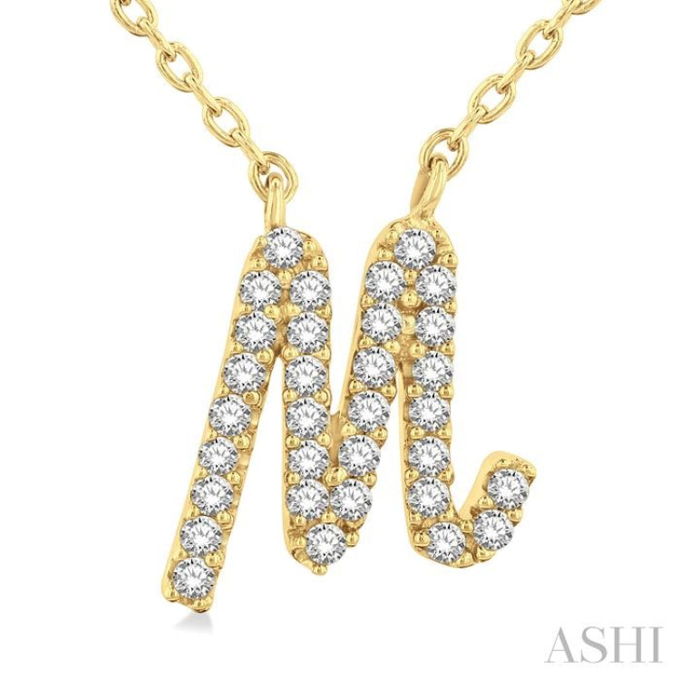 1/10 ctw Initial 'M' Calligraphy Round Cut Diamond Fashion Pendant With Chain in 14K Yellow Gold